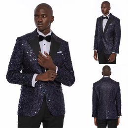 Sparkly Sequined Men Wedding Tuxedos 2 Pieces Tailored Peaked Lapel Outfits Groom Black Pants Sets