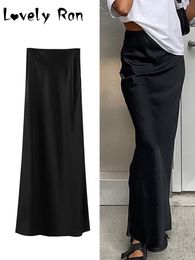 Skirts Fashion Satin Black Long Skirt For Women Y2K Spring High Waist Hip Package Skirts Female Casual Loose Skirt Streetwear 230717