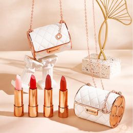 Lipstick Chain Bag Lipstick Set 4 Colour Long Lasting Matte Lip Stick White Leather Gift Box for Girl Women's Birthday Gift Private Label 230717