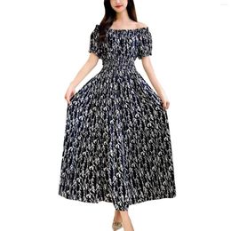 Casual Dresses Off The Shoulder One Neck Cotton Silk Floral Dress 2023 Summer Short Sleeved Long Skirt Ethnic Style Tourist Beach