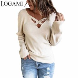 Women's Sweaters LOGAMI Women's Sexy Cross Straps V Neck Sweater Long Sleeve Pullover Women Fall 2021 Casual Knitwear L230718