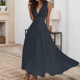 Casual Dresses For Women 2023 Summer Vintage Solid Color Zipper Hem Loose Long Sexy Deep V Neck Mature Womens Top Dress