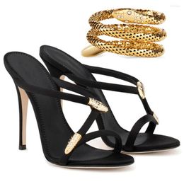 Snake Strap Sexy Sandals Shaped Golden Decoration Stiletto High Heel Rhinestones Slip on Women Dress Shoes