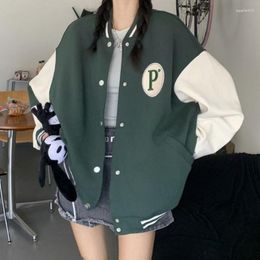 Women's Jackets HOUZHOU Harajuku Baseball Jacket Women Oversize Korean Style College Varsity Green Bomber Coats Streetwear Couple Loose