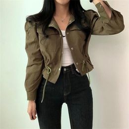 Women's Jackets Women Tooling Coat Black Korean Chic Fall Polo Neck Zipper Loose Pocket Drawstring Slim Jacket Army Green Windproof