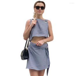 Work Dresses AECU Elegant Women Suit Set 2 Piece Skirt Crop Top Off Shoulder Tank Vertical Stripes Mini Female 2023