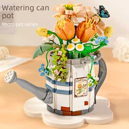 Blocks City MINI Flower Watering Can Potted Building Block Creative Plant Bouquet Home Decoration Bricks Toys for Girls Friend Gift