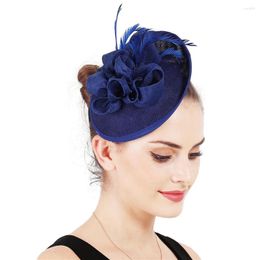 Berets Elegant Flower Mesh Fascinators Hat Bridal Royal Blue Feather Hair Accessories With Clips Fascinating Wedding Headwear