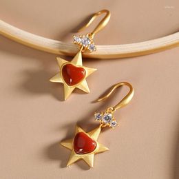 Dangle Earrings Ancient Gold Craftsmanship Diamond-encrusted Southern Red Tourmaline Love Star Chinese Retro Fresh Charm Ladies Jewelry