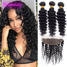 Brazilian Human Hair Extensions Deep Wave 3 Bundles With 13X4 Lace Frontal Part Deep Curly Virgin Hair Wefts With 13 By 4 Fro2060