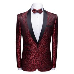 Brand Men Shawl Collar Wine Red Casual Suit Jacket Prom Party Blazer Man Coat Blazer Hombre Men Slim Fit Floral Masculino2362