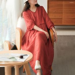 Casual Dresses Women Midi Dress V Neck Lace Patchwork Bubble Sleeve Summer Loose Pleated Soft Half Big Hem Lady Dating Prom Dess