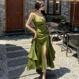 Casual Dresses Fashion Summer Korean Vintage Sexy Sleeveless Long Party Ladies Elegant Robe Backless Ruffle Split Satin Fishtail Dress