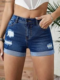 2023 Summer Women's Ripped Denim Shorts Fashion High Elastic Cuffed Jeans Shorts Skinny Butt Lift Sexy Female Shorts S2XL L230621