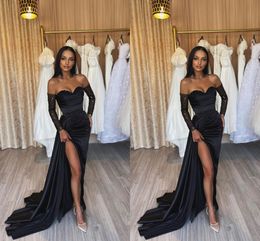 Sexy Black Sheath Prom Dresses Long for Women Sweetheart High Side Split Long Sleeves Draped Sequined Party Dress Formal Birthday Pageant Celebrity Evening Gowns