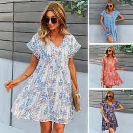 Party Dresses Lady Summer Dress Loose Patchwork Flower Printing Comfortable V Neck Dress-up Short Sleeves A-line Mini Garment