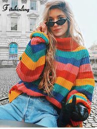 Women's Sweaters Fitshinling 2022 Winter turtlenecks sweaters for women rainbow stripes fashion pullover female knitted jumper lady's sweater hot L230718