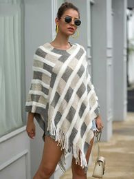 Women's Sweaters Fitshinling Fringe Bohemian Poncho Femme Winter Knitted Clothing Plaid Irregular Oversied Cape Loose Vintage Sweater Jumper 2022 L230718