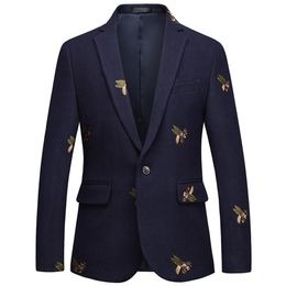 Mens One Button Blazer Bee Embroidery Wedding Smart Casual Slim Fit Jacket High Quality Big Size 6XL Navy Blue Clothes296D