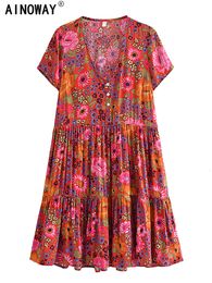 Basic Casual Dresses Vintage Chic Women Short Sleeve Floral Print Fashion Beach Bohemian Mini Dress Ladies V-neck Summer Rayon Cotton Boho Dresses 230717