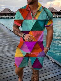 Men's Tracksuits Colour Squares Pattern 3D Print Tracksuit Sets Casual Zipper Polo Shirt And Shorts 2pcs Trend Streetwear Man Clothing