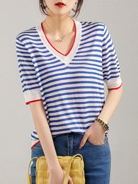 Women s T Shirt V Neck Thin Knitted T Shirt Women Hit Color Patchwork Striped Tees Short Sleeve Summer Tops Korean Fashion Womens Clothing 230718