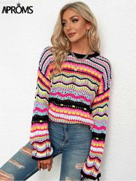 Women's Sweaters Aproms Multi Colour Blocked Knitted Pullover Women Summer Casual Flare Sleeve Hollow Out Sweater Cool Girls Fashion Jumper 2022 L230718