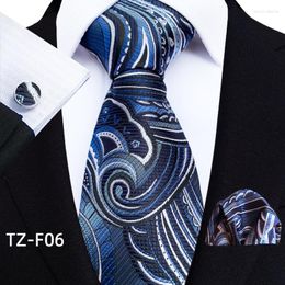 Bow Ties 3Pcs Silk Tie Pocket Squares Cufflink Set Dark Blue Floral Jacquard Handkerchief Necktie Men Suit Wedding Clothing Accessories