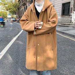 Men's Wool Blends New Wool Blend Hooded Coat Men Winter Men's Fashion Wild Overcoat Big Pockets Korean-style Thick Warm Casual Trench Coats HKD230718