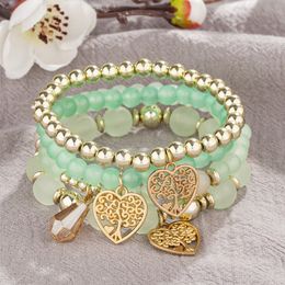Bohemian Green Beads Strand Bracelets for Women Girls Ethnic Gold Color Peach Heart Tassel Charm Wrap Bracelet Pulseira Feminina