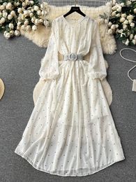 Casual Dresses White Maxi Dress For Women Summer Clothing Long Lantern Sleeves O-Neck Dot With Belt Vintage Robe Slim Midi Evening