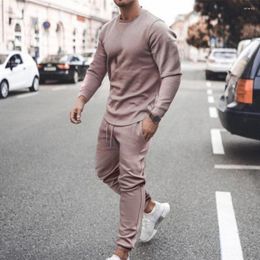Men's Tracksuits 2 Pcs/Set Men Tracksuit Solid Color Round Neck Breathable Ribbing Cuff Casual Pants Suit For Daily Wear