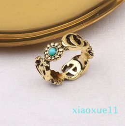 luxury- 18K Gold Plated Brand Letter Band Rings for Mens Womens Fashion Designer Brand Letters Turquoise Crystal Metal Daisy Ring Jewellery one size