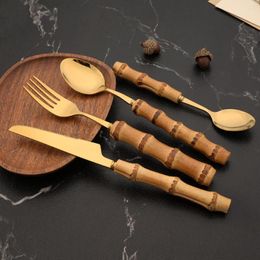 Dinnerware Sets 24Pcs Set Gold Original Nature Bamboo Handle Stainless Steel Flatware Cutlery Fork Spoon Home Kitchen Tableware