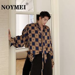 Mens Casual Shirts NOYMEI Checker Drop Silk Satin Loose Pullover Autumn Plain Pattern Design Contrast Colour Korean Fashion WA1995 230718