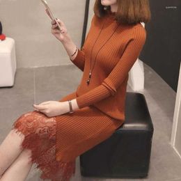 Casual Dresses Female Knitted Lace Stitching Bodycon Dress Women Mid-length Bottoming Pullover Sweater Midi Autumn Winter Korean Version