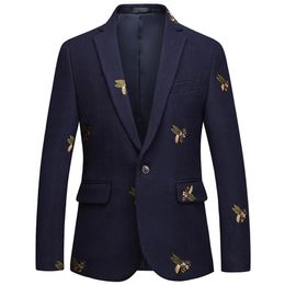 Mens One Button Blazer Bee Embroidery Wedding Smart Casual Slim Fit Jacket High Quality Big Size 6XL Navy Blue Clothes345u
