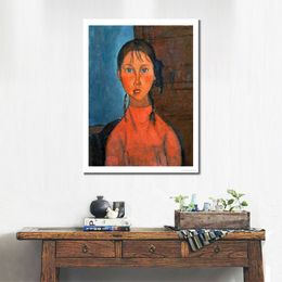 Modern Female Canvas Art for Music Room Decor Girl with Pigtails Circa 1918 Amedeo Modigliani Painting Handmade