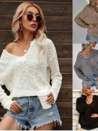 Women's Sweaters Women's Knitted Sweater Long Sleeve V-neck Solid Pullover Female 2022 Autumn Casual Fashion Ladies Off The Shoulder Street Wear L230718