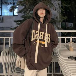 Womens Hoodies Sweatshirts With Hat Hoodies Women Retro High Street Allmatch Loose Casual Lazy Warm Thicker Front Pockets Letter Printing Sweatshirts T J230718