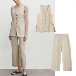 Women's Two Piece Pants Maxdutti Fashion Ladies Sets French Retro Suit Women Simple Beige Cotton Linen Vest Country Style Straight Casual