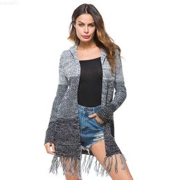 Women's Sweaters Women's Open Stitch Cardigan Autumn Winter Ladies Long Sleeve Tassel Knitted Hooded Sweaters L230718