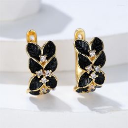Backs Earrings Luxury Female White Crystal Charm Yellow Gold Color Clip For Women Vintage Black Enamel Wedding