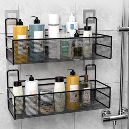 Bathroom Shelves Black Wall-mounted Bathroom Shelf Shower Shampoo Rack Toilet Accessories Kitchen Free Punch Condiment Storage Basket 230717