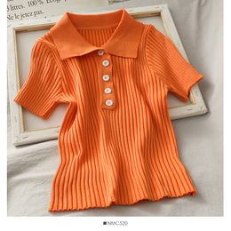 Women's Blouses Shirt Ribbed Button Up Polo Female Chic Plain Short Sleeve Candy Colors Top Stretchy Slim Tee Shirts Knitting blouse women 230717