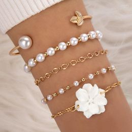 Charm Bracelets Charming Pearl Stone Chain Leaf Opening Bracelet Set For Women's Beautiful Flower Five Piece Jewelry Accessories