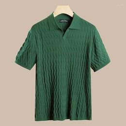 Men's Polos Summer Korea Style Polo Shirts Men Fashion Elastic Slim Knitted Tops Streetwear Casual Solid Short Sleeve Lapel Shirt