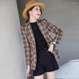 Women's Suits 2023 Jacket Fashion Pockets Brown Plaid Coat OL Styles Autumn Winter Blazers For Women Business Work Blaser Outwear Tops