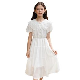 2023 teenager summer Lace Princess Kids Dresses Girls Long Clothes mesh Wedding scallop white Dress 5 6 7 8 9 10 11 12 year