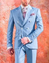 Men's Suits Blazers Custom Made Men Light Blue Groom Tuxedos Lapel Groomsmen 2 Pieces Set Wedding JacketPantsBow TieD4 230718